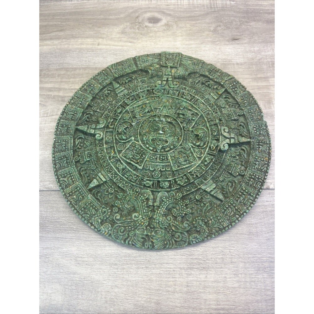 Vintage Green Aztec Mayan Sunstone Calendar Malachite Green Mexico Art 9.5”